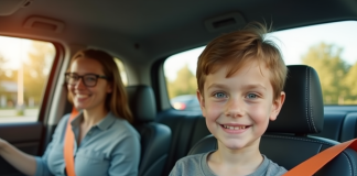 Jeune adolescent souriant au volant d'une voiture moderne avec parent