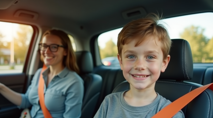 Jeune adolescent souriant au volant d'une voiture moderne avec parent