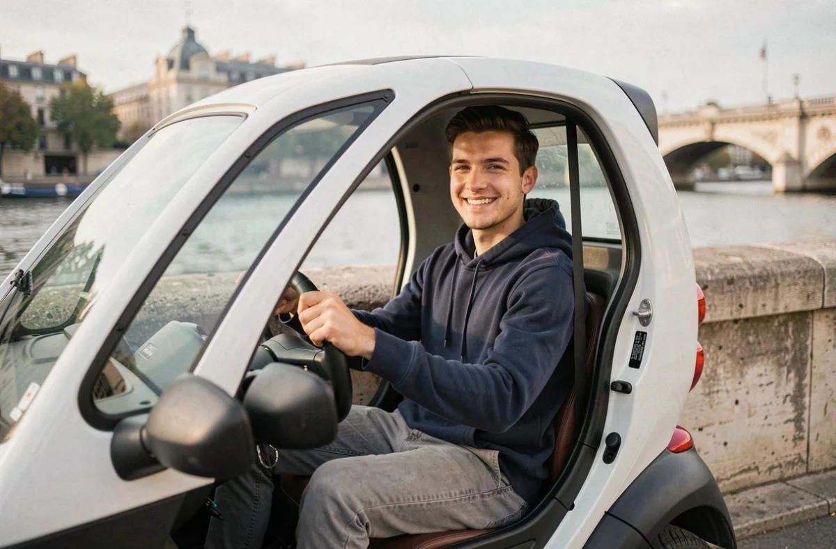 Jeune homme au volant d'une voiture sans permis d'occasion sur les quais de Seine à Paris