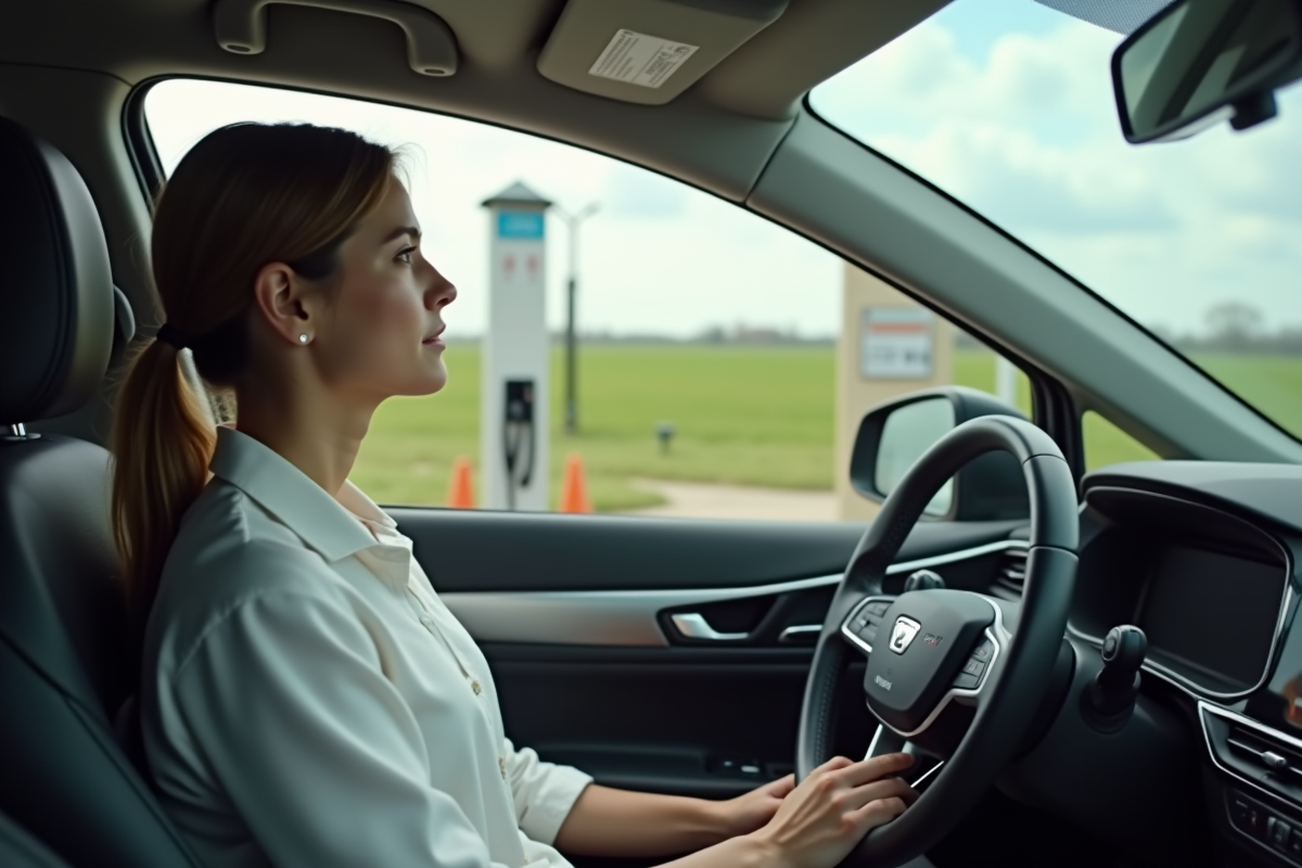 Jeune femme dans voiture hybride au station de recharge