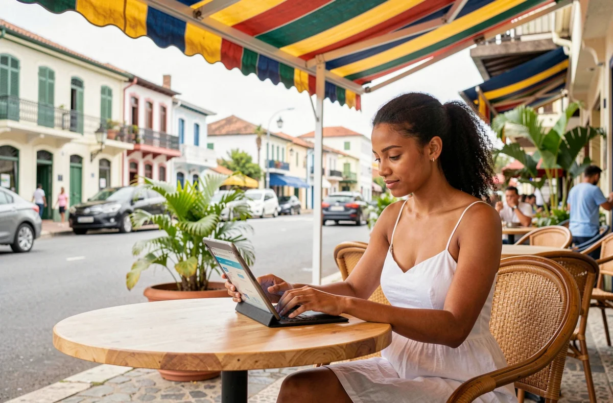 Jeune femme comparant des offres d'assurance auto en ligne sur une tablette en terrasse de café à Saint-Denis de La Réunion