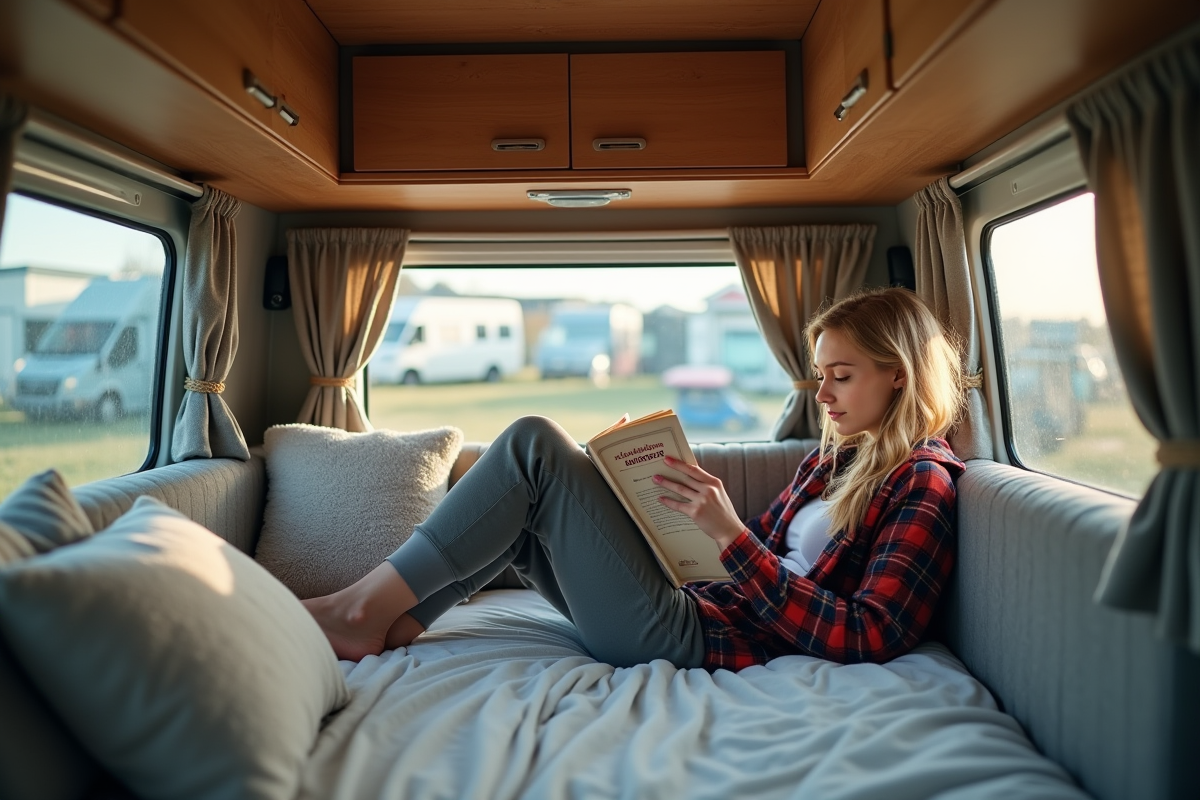 Jeune femme lisant dans un van de camping intérieur
