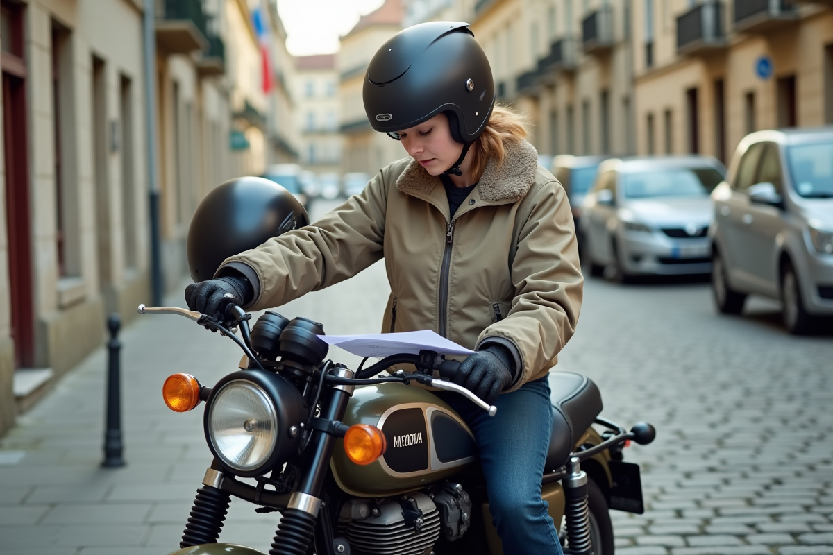 Jeune motarde vérifiant ses papiers à côté de sa moto vintage