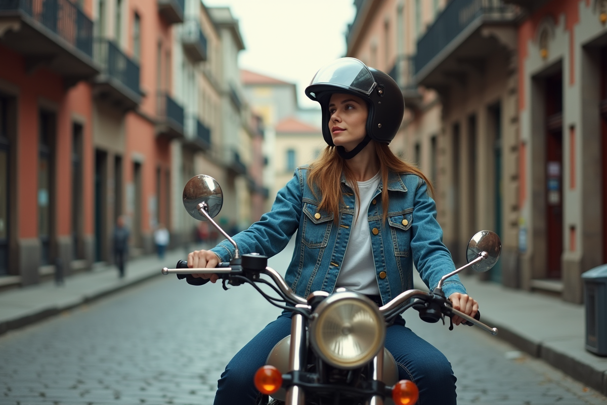 Jeune femme en casque rétro sur moto ancienne en ville