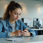 Jeune femme avec permis digital dans un bureau français