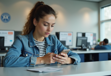 Jeune femme avec permis digital dans un bureau français