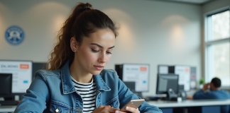 Jeune femme avec permis digital dans un bureau français