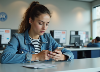 Jeune femme avec permis digital dans un bureau français