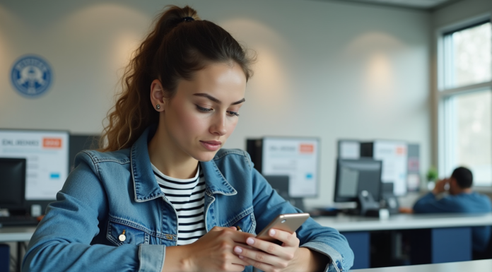 Jeune femme avec permis digital dans un bureau français