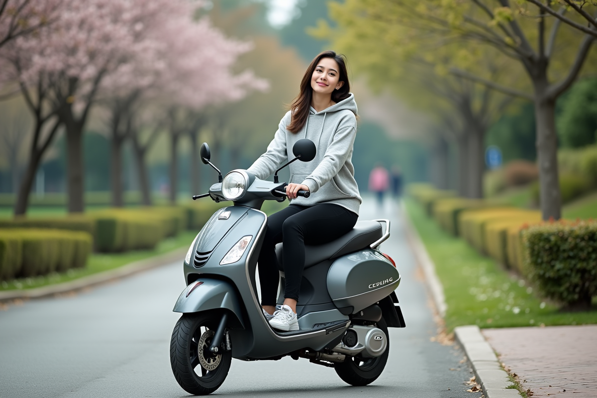 Jeune femme sur scooter dans parc suburbain