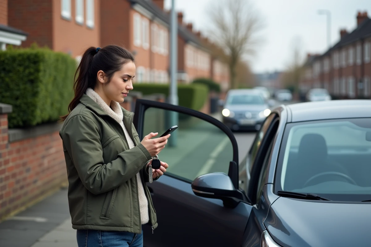 Jeune femme dehors près de sa voiture avec téléphone et clés