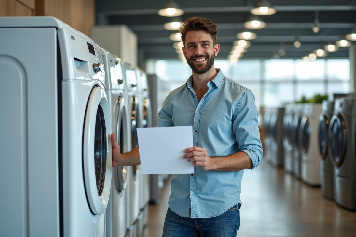 Jeune homme satisfait posant à côté d’un lave-linge neuf