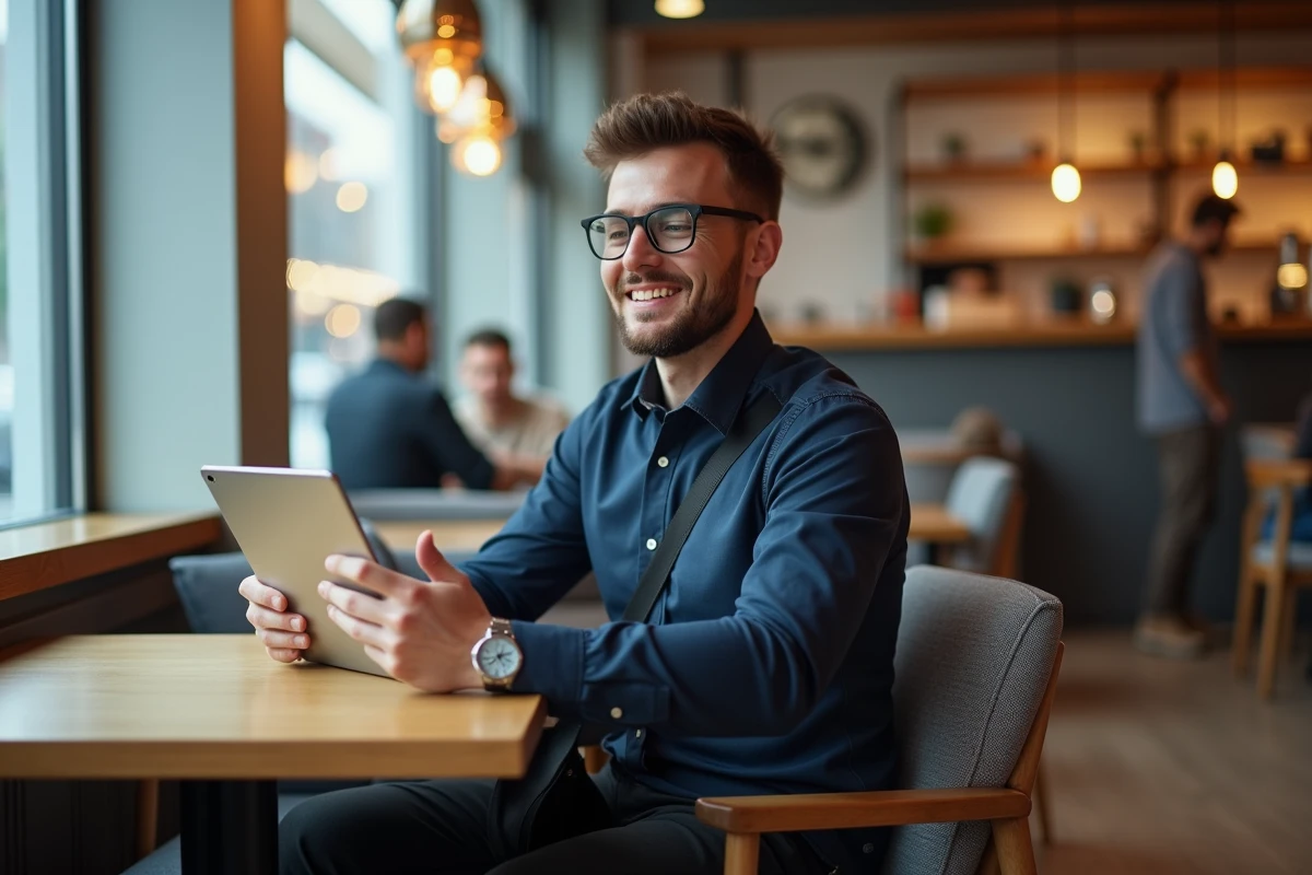Jeune homme avec tablette dans un caf&eacute; lumineux