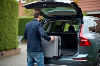 Jeune homme chargeant une valise dans un SUV en banlieue