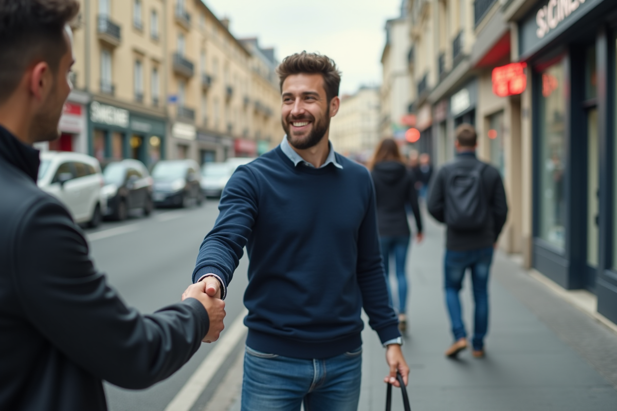 Jeune homme donnant des clés de voiture dans une rue urbaine