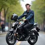 Jeune homme souriant sur moto urbaine en ville