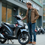 Prix d’une moto 125 : neuve ou d’occasion ? Jeune homme examine une moto neuve 125cc devant un concessionnaire