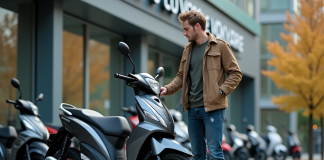 Prix d’une moto 125 : neuve ou d’occasion ? Jeune homme examine une moto neuve 125cc devant un concessionnaire