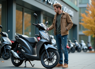 Prix d’une moto 125 : neuve ou d’occasion ? Jeune homme examine une moto neuve 125cc devant un concessionnaire
