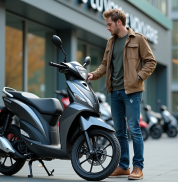 Prix d’une moto 125 : neuve ou d’occasion ? Jeune homme examine une moto neuve 125cc devant un concessionnaire