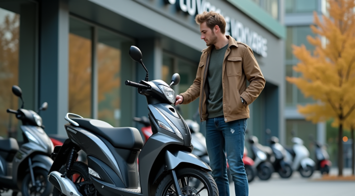 Prix d’une moto 125 : neuve ou d’occasion ? Jeune homme examine une moto neuve 125cc devant un concessionnaire