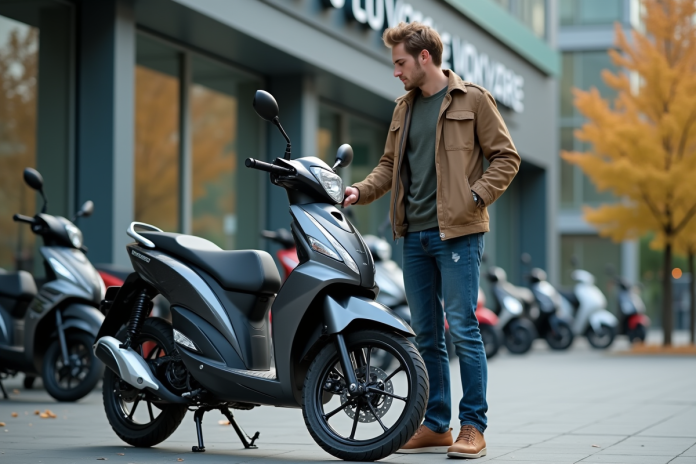 jeune-homme-moto-urbaine Jeune homme examine une moto neuve 125cc devant un concessionnaire