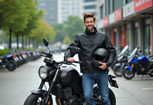 Permis moto : conduire n’importe quelle moto, procédure et démarches à suivre Jeune homme en blouson moto noir avec casque et moto moderne