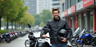 Permis moto : conduire n’importe quelle moto, procédure et démarches à suivre Jeune homme en blouson moto noir avec casque et moto moderne