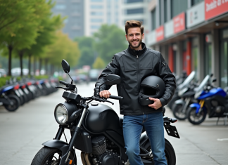Permis moto : conduire n’importe quelle moto, procédure et démarches à suivre Jeune homme en blouson moto noir avec casque et moto moderne