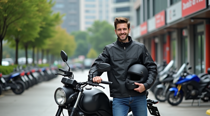 Permis moto : conduire n’importe quelle moto, procédure et démarches à suivre Jeune homme en blouson moto noir avec casque et moto moderne