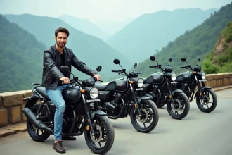 Jeune homme en moto devant un paysage de montagne