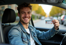 Assurance auto : assurance moins chère pour jeune permis ? Jeune homme souriant avec permis de conduire dans une voiture