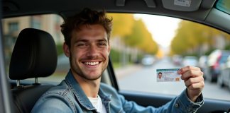 Assurance auto : assurance moins chère pour jeune permis ? Jeune homme souriant avec permis de conduire dans une voiture