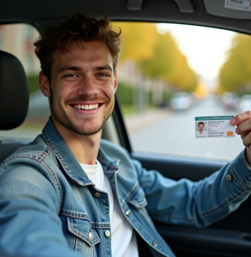 Assurance auto : assurance moins chère pour jeune permis ? Jeune homme souriant avec permis de conduire dans une voiture
