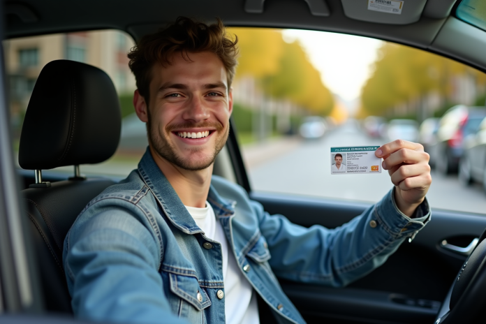 Jeune homme souriant avec permis de conduire dans une voiture