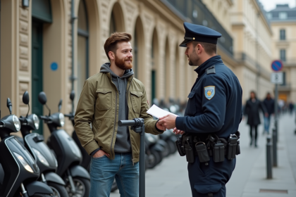 Jeune homme avec scooter et agent municipal à Paris