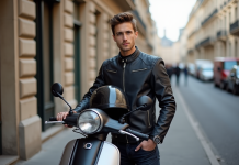 Jeune homme avec casque et scooter à Paris