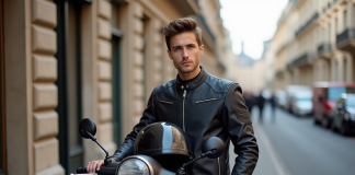 Jeune homme avec casque et scooter à Paris