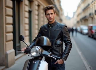 Jeune homme avec casque et scooter à Paris