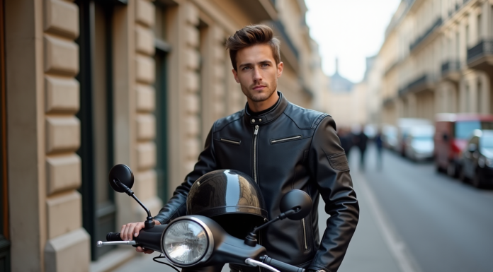Jeune homme avec casque et scooter à Paris