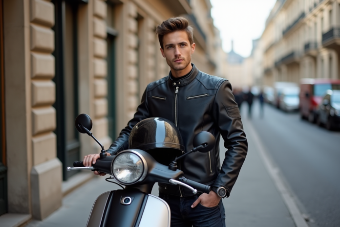 Jeune homme avec casque et scooter à Paris
