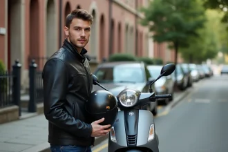 Jeune homme avec casque et scooter en ville