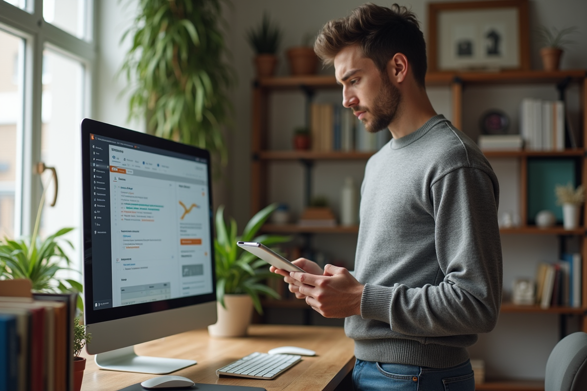 Jeune homme utilisant ordinateur et tablette à la maison