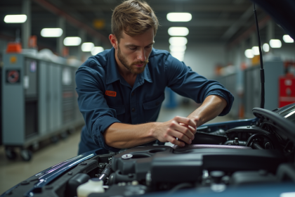 Jeune homme mécanicien installant un filtre à air sur une voiture sportive