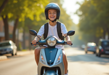Jeune adolescent souriant sur un scooter moderne en été