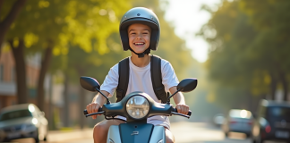 Jeune adolescent souriant sur un scooter moderne en été