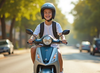 Jeune adolescent souriant sur un scooter moderne en été
