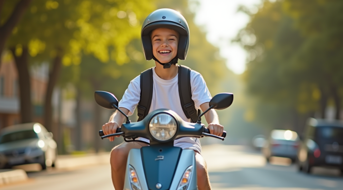 Jeune adolescent souriant sur un scooter moderne en été
