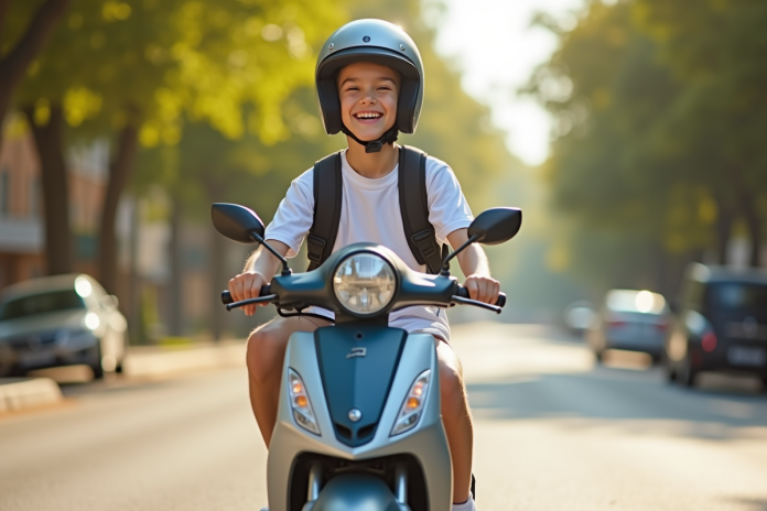 Jeune adolescent souriant sur un scooter moderne en été