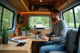 Intérieur d'un Renault Kangoo aménagé en bureau mobile avec bureau pliant en bois, ordinateur portable et rangements muraux pour le télétravail nomade